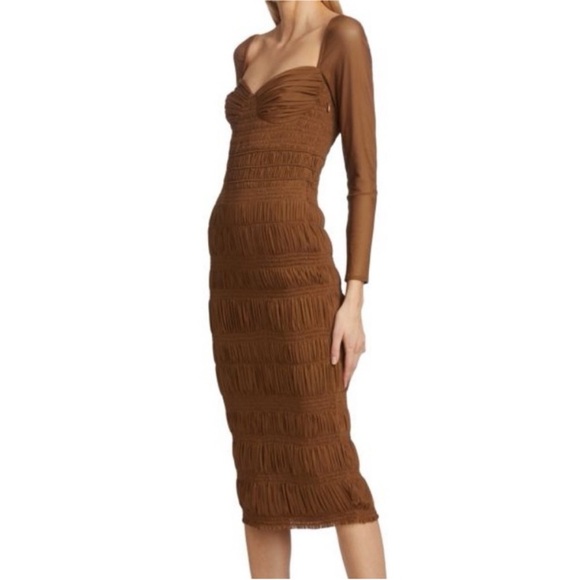 Self-Portrait Dresses & Skirts - Self Portrait Midi Dress Shirred Mesh Long Sleeve Ruched Chocolate Brown Size 6